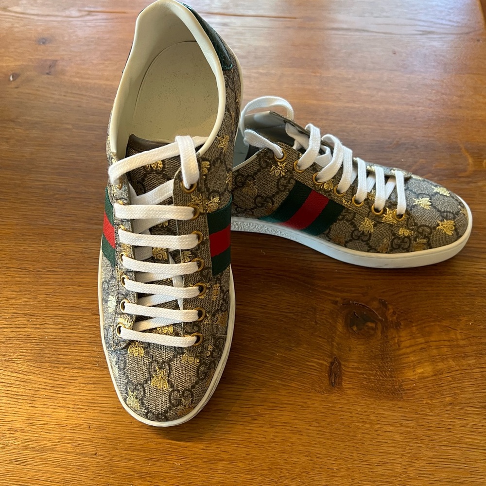 Gucci Monogram Sneakers with Red and Green Stripes